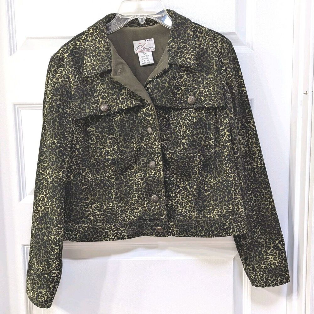 Dani Michaels Edgy Leopard Jacket Sz 12P Green‎ Black Buttons Y2K-Revival Grunge